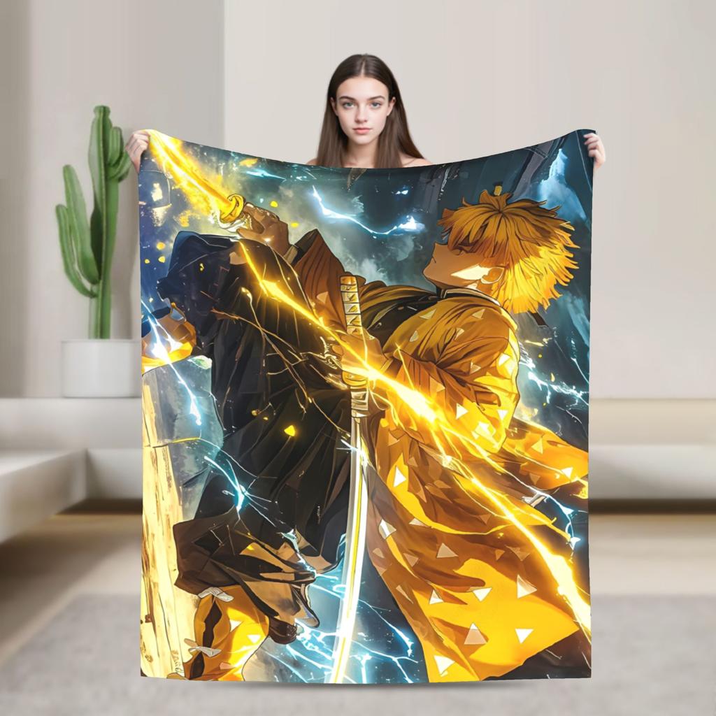 Demons Agatsuma Zenitsu Slayers Blanket Flannel  Winter Anime Multifunction Warm Throw Blankets for Car