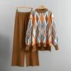 Causal Contrasting Color Knitted Trousers Suit Women Autumn Winter Loose Long Sleeve Sweater Wide Leg Pants Outfits Two Piece Set