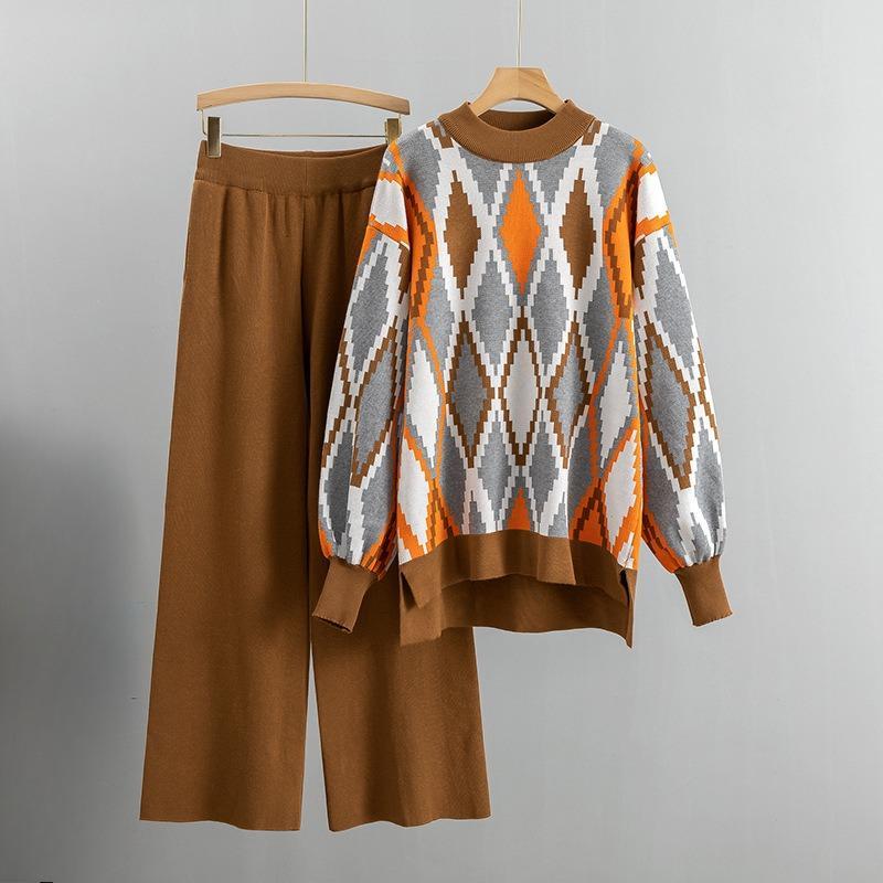 Causal Contrasting Color Knitted Trousers Suit Women Autumn Winter Loose Long Sleeve Sweater Wide Leg Pants Outfits Two Piece Set