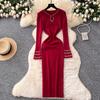 Autumn Spring Women Full Sleeve Luxury Beading Knitted Sweater Party Dress Long Midi Sheath Bodycon Pullover Dresses