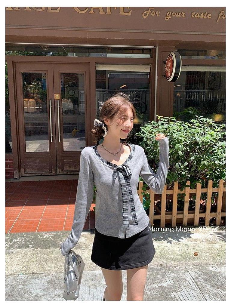 Women's Autumn Slim Fit Retro Lace-up Bow Tie Long Sleeve Top