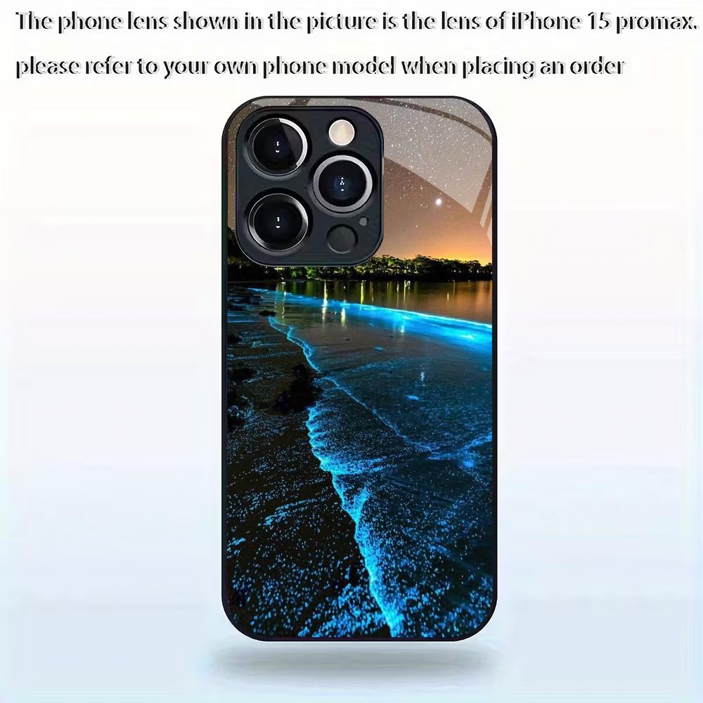 Fluorescent beach pattern tempered glass phone case suitable for iPhone17 16 15 14 13 12 11Pro/Max/Plus anti drop and shockproof