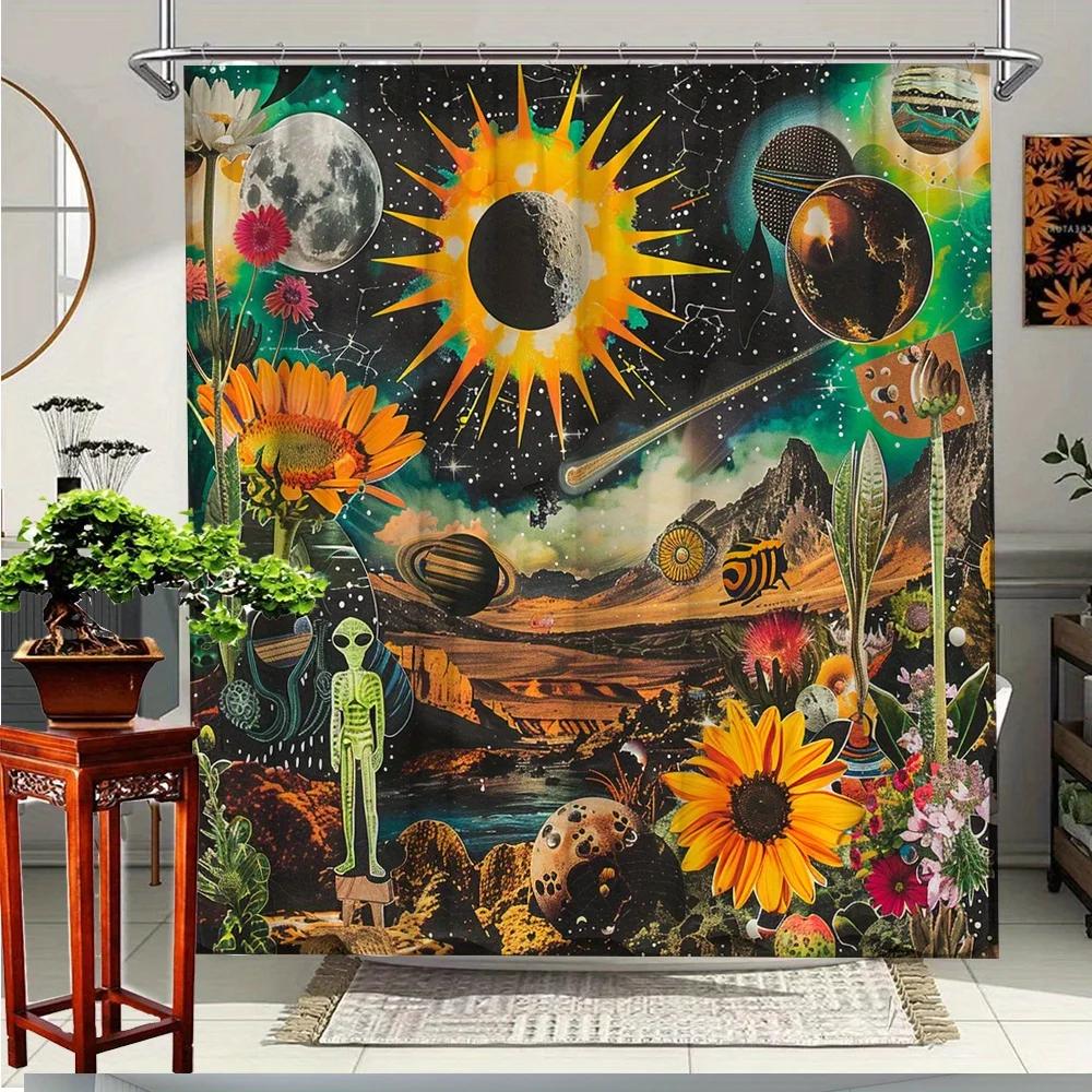 

1Pc Galaxy Sunflower Alien Shower Curtain - Cosmic Space Exploration Design With Planets, Vibrant Sunflowers & Mystical Aliens, W60H190(CM)-1 Pcs