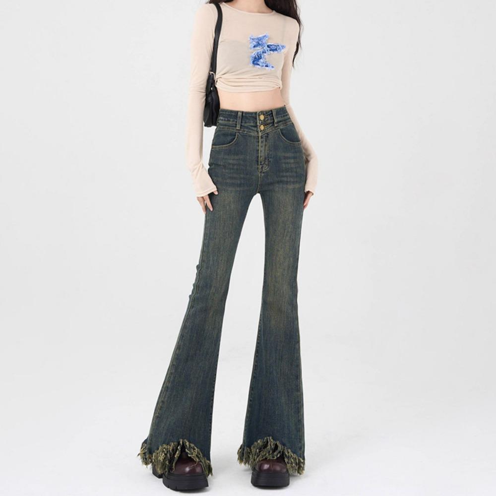 

Джинсы с необработанным краем, слегка выстиранные, женские прямые, тонкие, с американской высокой талией, новые эластичные расклешенные брюки для осени и зимы XL