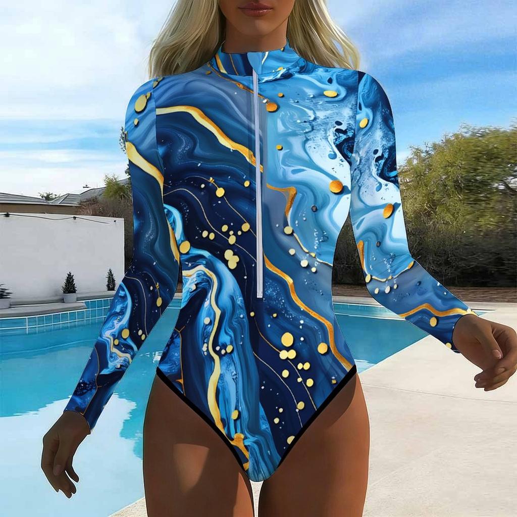 Women Long Sleeve One Piece Swimsuit Zip Front Gilded Fluid Print Rash Guard Surfing Bathing Suit