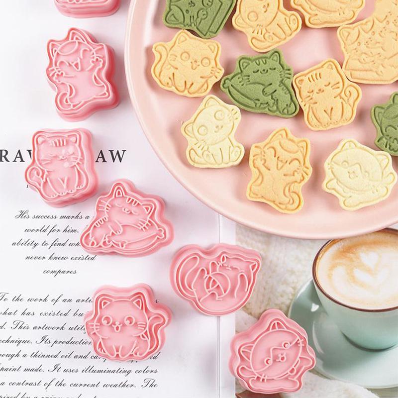 8Pcs Cat Cookie Mold Set Cartoon Cat Claw Fish Bone Shape Cookie Stamp Fondant Cake Decoration Tools 3D Hand Pressure Plastic