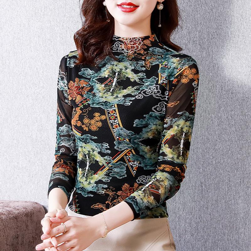 Mesh Base Blouse for Autumn Latest Printed Half Turtle Neck Large Size Long-sleeved T-shirt Womens Top