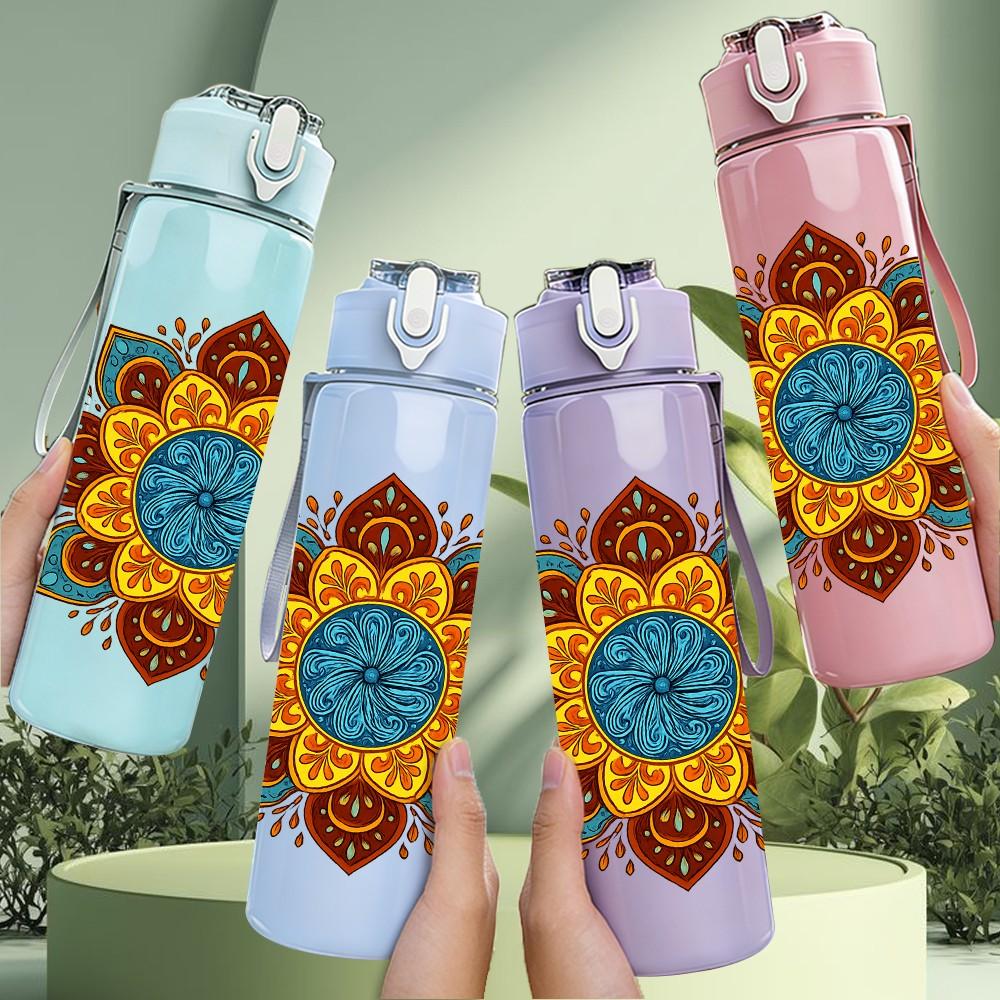 1PC Brown Orange Mandala Pattern 750ml Color Plastic Sports Water Bottle Leakproof Flip Straw Lid Suitable for Sports Office Home Use