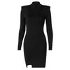 Street Shoulder Padded Slim Slit Party Sexy Dress Women Autumn Long Sleeve High Neck Temperament Casual Dresses Women Elegant Black Short Dress 25826