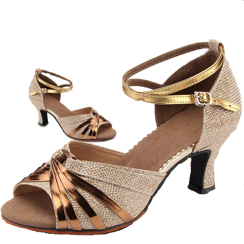 Gengzee Women's Modern Latin Dance Shoes, Adult High Heel Strap Ballroom Dance Shoes with Suede Sole, Gold, Size 24.5cm