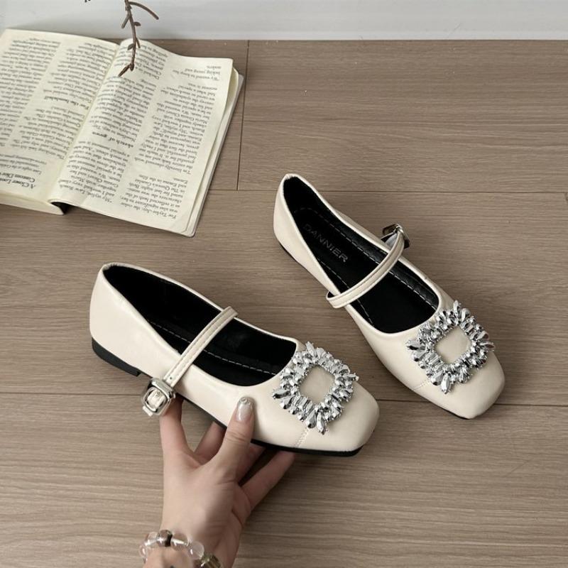 

Temperament square head buckle Mary Jane shoes flat bottom shallow mouth single shoes with skirt rhinestone fashion single shoes women 43