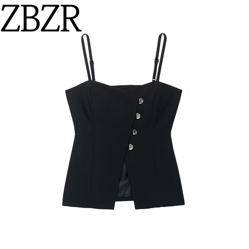Zbzr Spring New Women Clothes Western Style Elegant Simple Sleeveless Slim Fit Button Sling Top 8324696