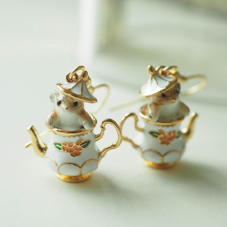 Enamel Chipmunk Teapot Earrings Trendy Pendant Necklace Stylish Woman Accessory