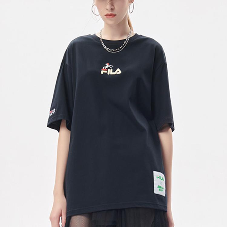 FILA Fusion x Jeremyville Collaboration Streetwear Skateboard Print Loose Fit Short Sleeve T-Shirt Unisex tops Deep-Black T11U139103FBK
