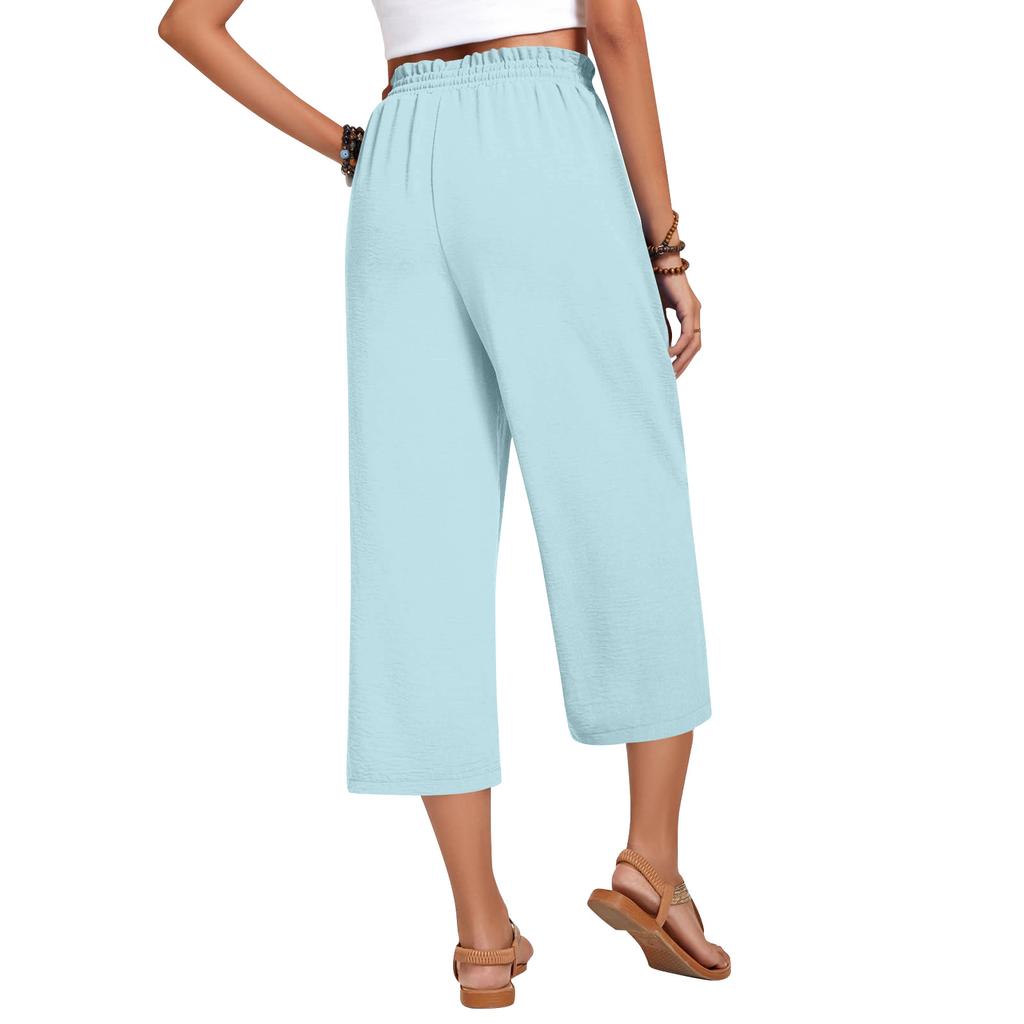 Women's High Waist Wide Leg Pants with Drawstring Elastic Waist in Multiple Colors