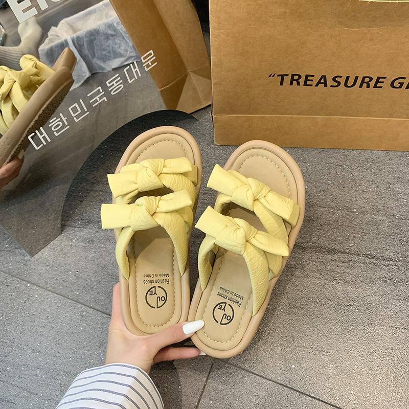 

French platform slippers women s outer wear 2025 summer new with skirt versatile fairy style bow word sandals 35 жёлтый