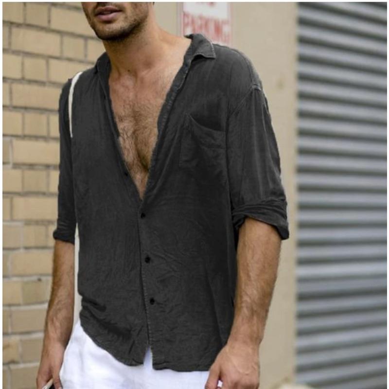 New Popular Men's Lapel Pocket Cotton and Linen Shirt
