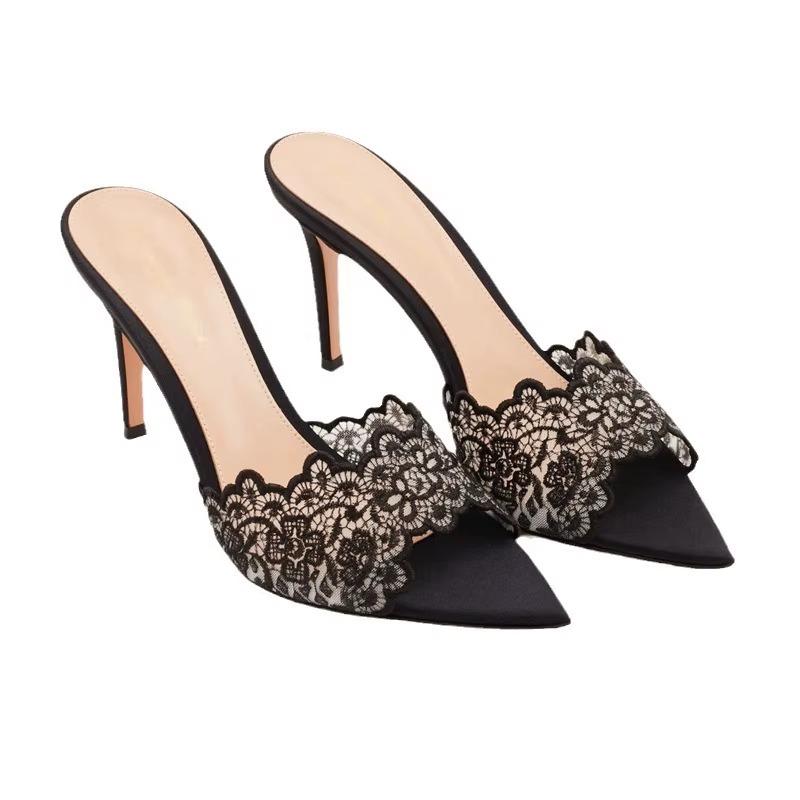 Soleist Elegant Women's Gold Lace Pumps | Pointed Toe Slip On High Heel Mules | Fashion Stiletto Shoes for Party Wedding