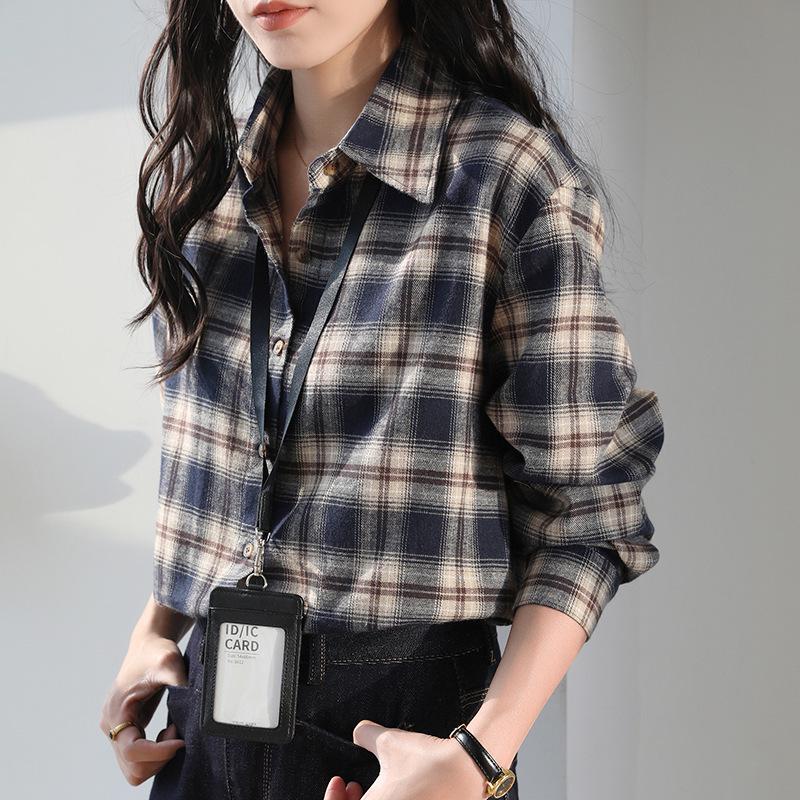 2025 Korean Style Navy Blue Brushed Plaid Shirt for Women - Autumn/Winter Loose Casual Long Sleeve Jacket Small