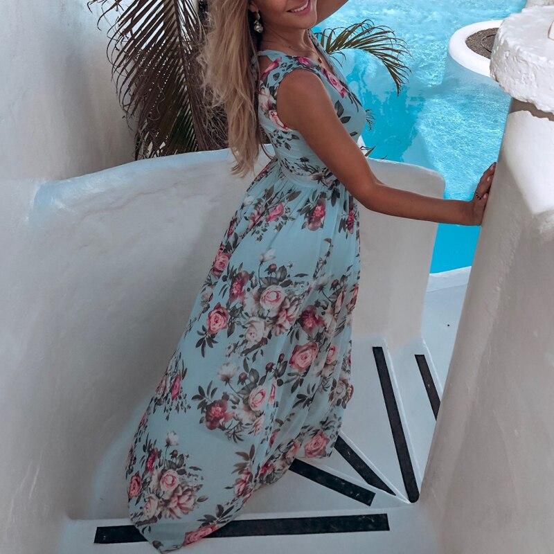 Womens Summer Boho Maxi Long Dress Beach Dresses Sexy V Neck Off Shoulder Floral Dress Backless High Waist Sundress Vestidos