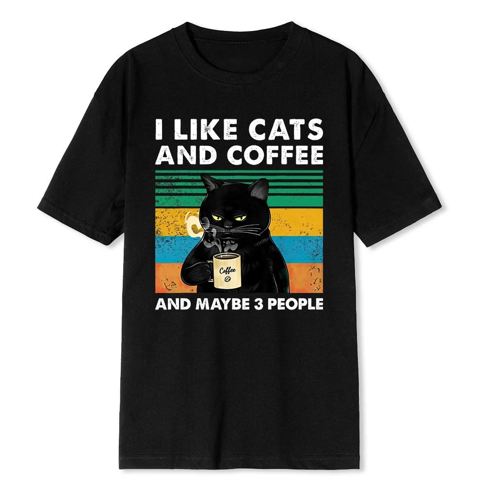 I Like Cats And Coffee Funny Printed T-Shirt For Men Women Casual Loose Clothing Harajuku Breathable Tshirt Hip Hop Tees