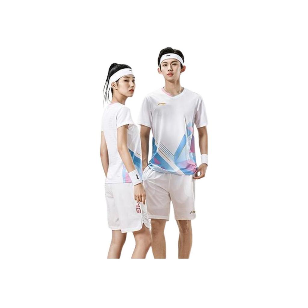 Li-Ning Color Block V-Ausschnitt Sportwettkampf Kurzarm T-Shirt Unisex Tops Standard-Weiß AAYU127-2