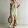 New European American Women Casual Striped Stand Collar Sleeveless Slit Maxi Long Dress Vacation Style