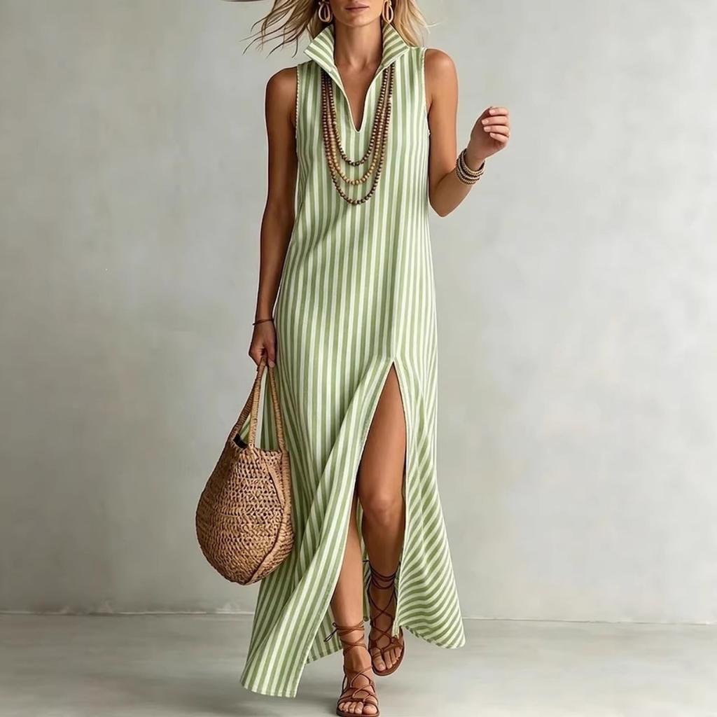 New European American Women Casual Striped Stand Collar Sleeveless Slit Maxi Long Dress Vacation Style
