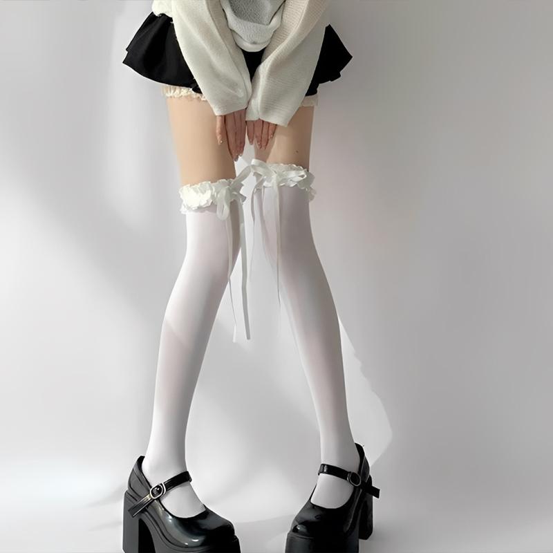 Ballet-Style Bow Over-The-Knee Socks Lace Socks Jk Style Openwork Socks