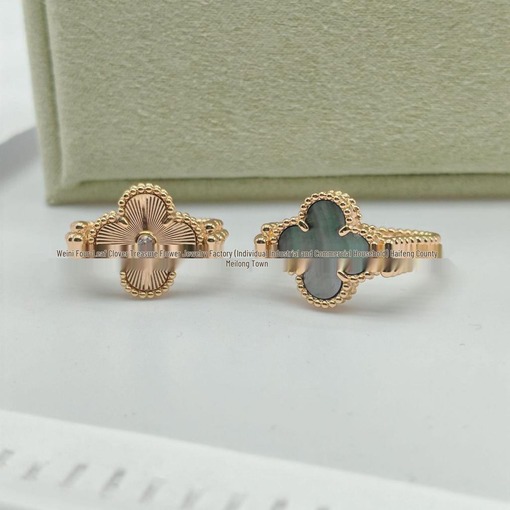 18K Rose Gold Double-Sided Ring: Red and Blue Agate Four-Leaf Clover Flip Design