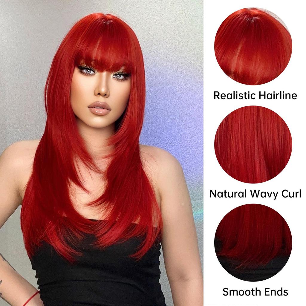 HAIRCUBE Červená rovná syntetická paruka pro ženy Dlouhá přírodní vrstvená paruka s ofinou Cosplay Party Paruka z tepelně odolných vláken