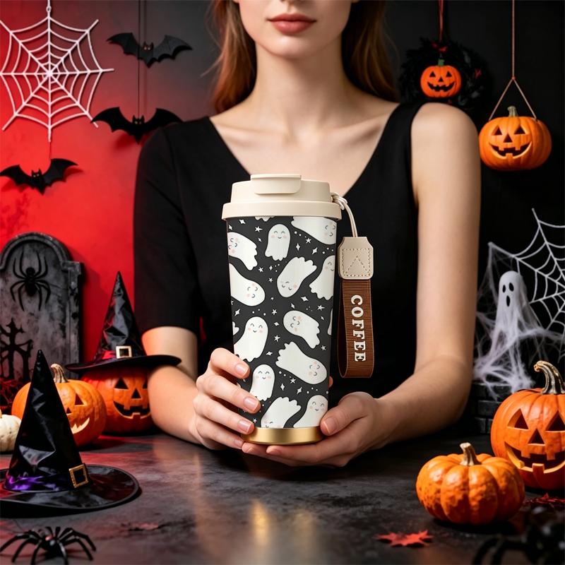 Halloween Coffee Cup 532ml Smiley Ghost Star MotifHalloween Limited Cup Metal Travel Cup Car Portable Cup Coffee Cup 532ml
