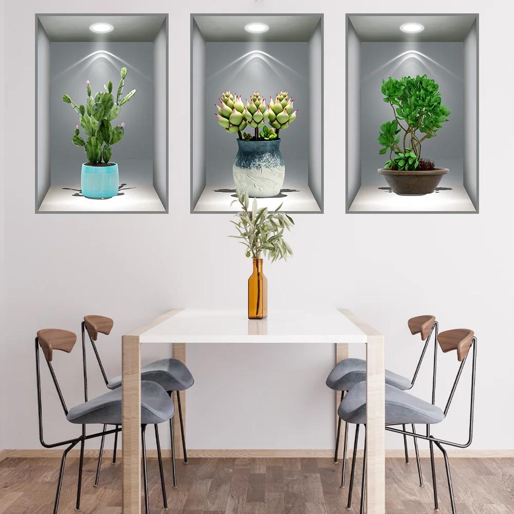 3D Effect Potted Triptych Posters Hallway Staircase Decorative Painting Hotel Restaurant Wall Plant Stickers