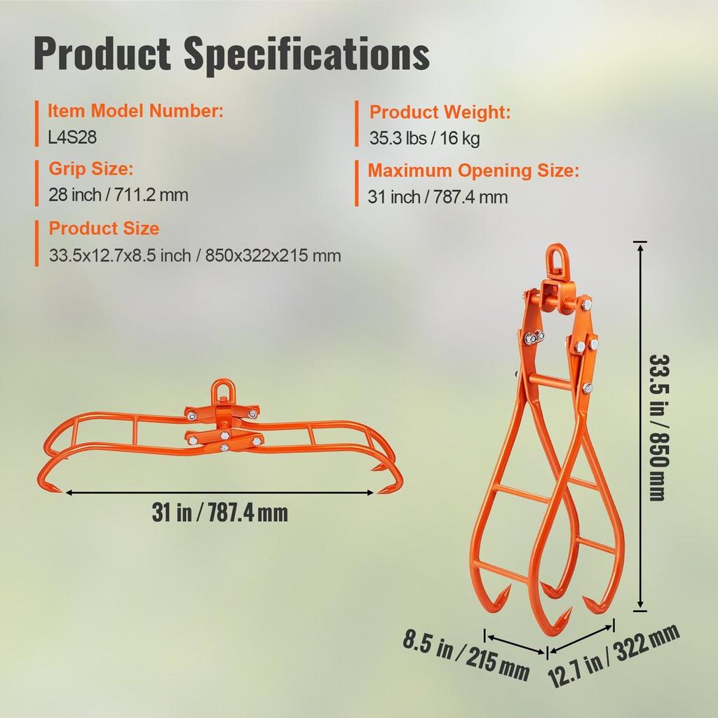 Timber Claw Hook, 28 inch 4 Claw Log Grapple for Logging Tongs, Swivel Steel Log Lifting Tongs, Eagle Claws Design with 2205 lbs/1000 kg Loading