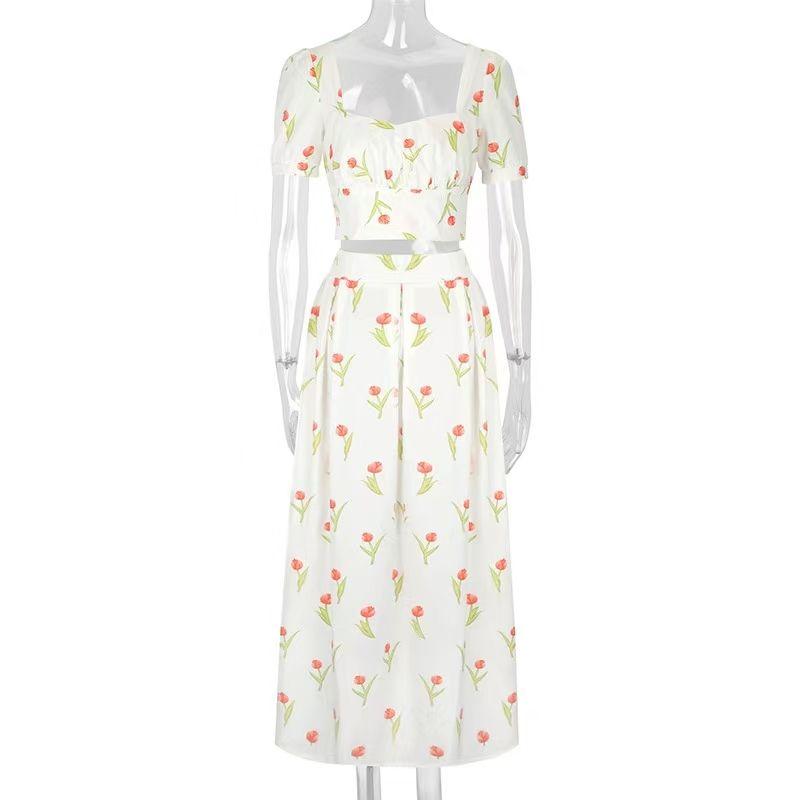 

Fashion New Arrival Fashion Print Square Collar Top Skirt Suit Printed Top and Skirt Set White S