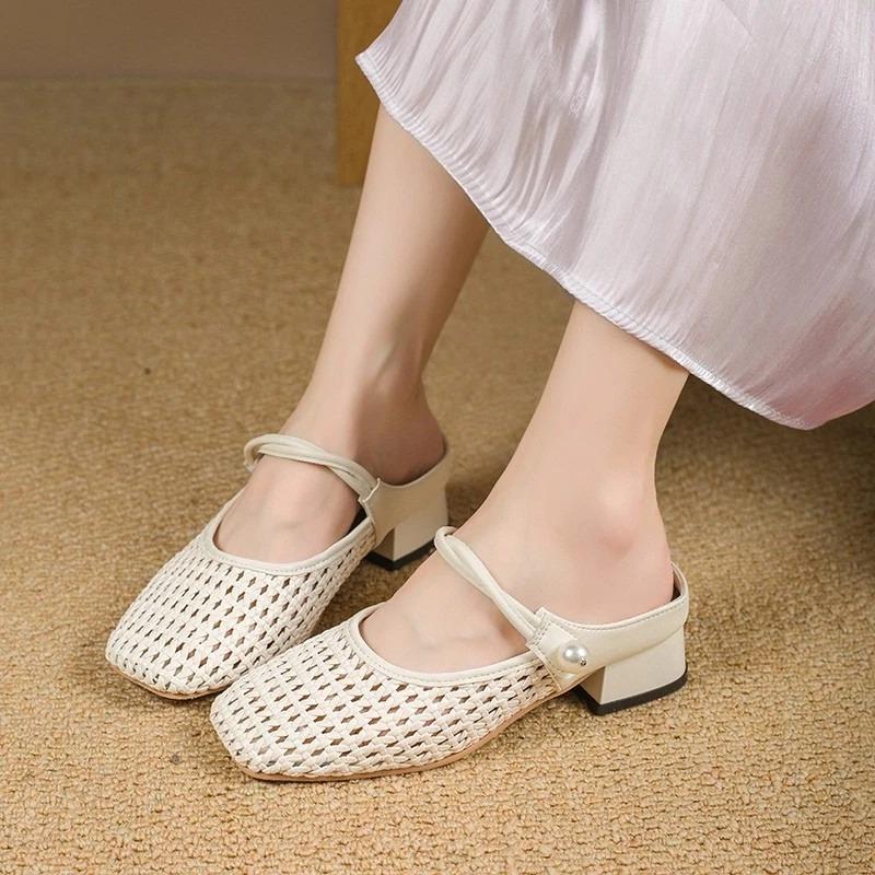 Retro woven and hollowed-out fashionable half-slipper mid-heel women's shoes, new French fairy style thick heel holiday shoes