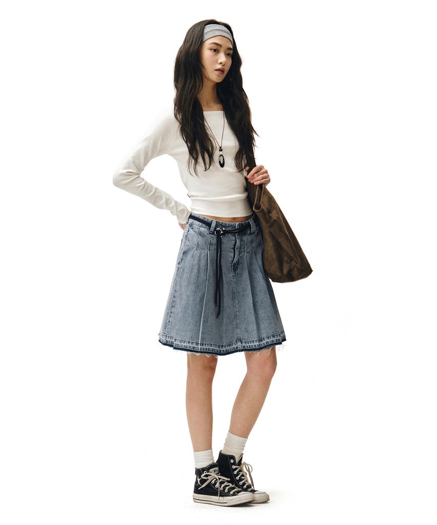 Deketeuumeon Front Pleats Midi Skirt Dcsk008Blue
