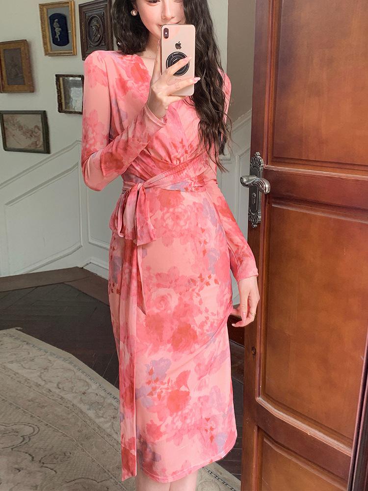 

Elegant Mesh Print Slimming Dress Extra Large рожевий