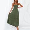 Women's Off Shoulder Maxi Dress Summer Smocked Lace Trim A Line Swing Dress Boho Strapless Flowy Beach Sundress