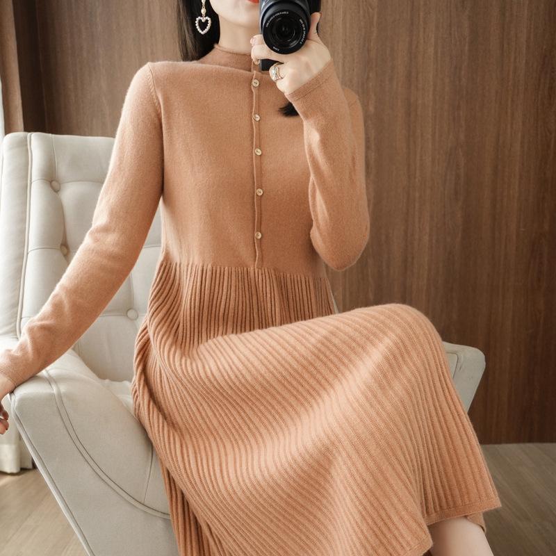 Robe Pull en Laine Coréenne pour Femme Automne/Hiver 2022, Couleur Unie, Col Semi-Montant, Longueur au-Dessus du Genou