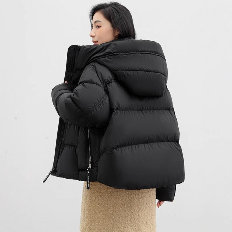 Womens Short Puffer Jacket With Hood Warm White Duck Down Coat Loose Fit Stylish Winter Outerwear