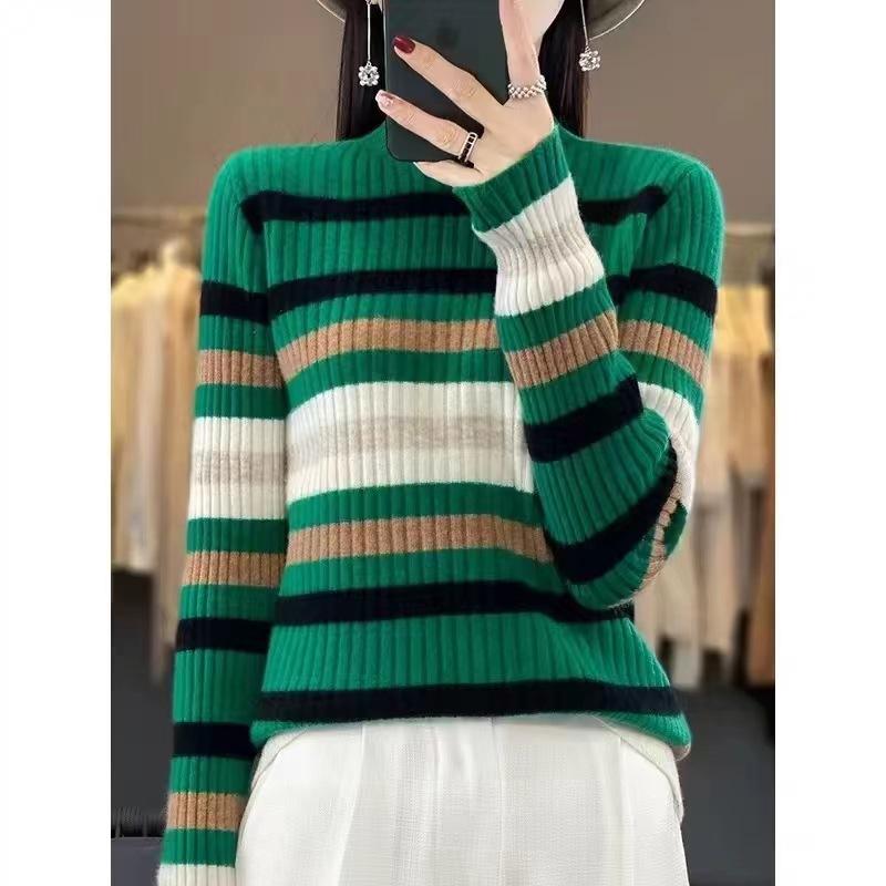 

Осень и зима новый трикотажный свитер-пуловер в полоску с полувысоким воротником женский облегающий тонкий облегающий низ женский свитер в полоску average size зелёный