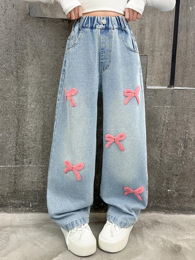 Girls' Chenille Bow Embroidered Fleece-lined Wide-leg Jeans - Stylish Autumn/Winter Slimming Pants