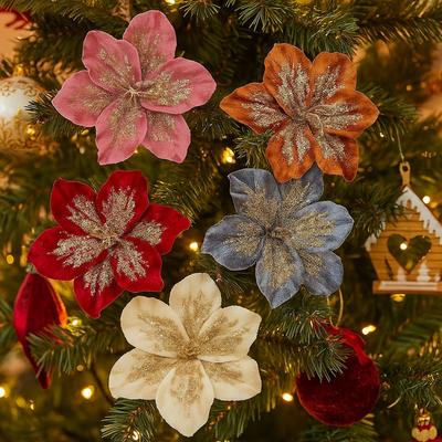 20cm Artificial Christmas Flower Velvet Glitter Christmas Poinsettia Hanging Realistic Simulation Flower Xmas Party