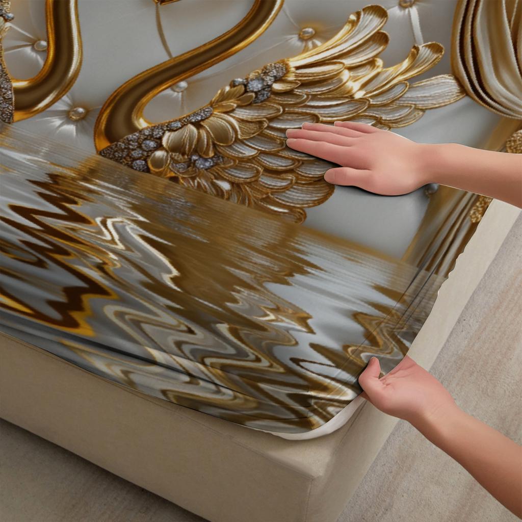 3pcs Gold Swan Couple Fitted Sheet 3D Printed Elegant Style For Couples Flat Sheet With 2 Pillowcases Bedroom Decoration