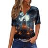 Women's Casual Halloween Print V Neck Short Sleeve Button Front T Shirt Top Lightweight Comfortable Fit for Everyday Wear