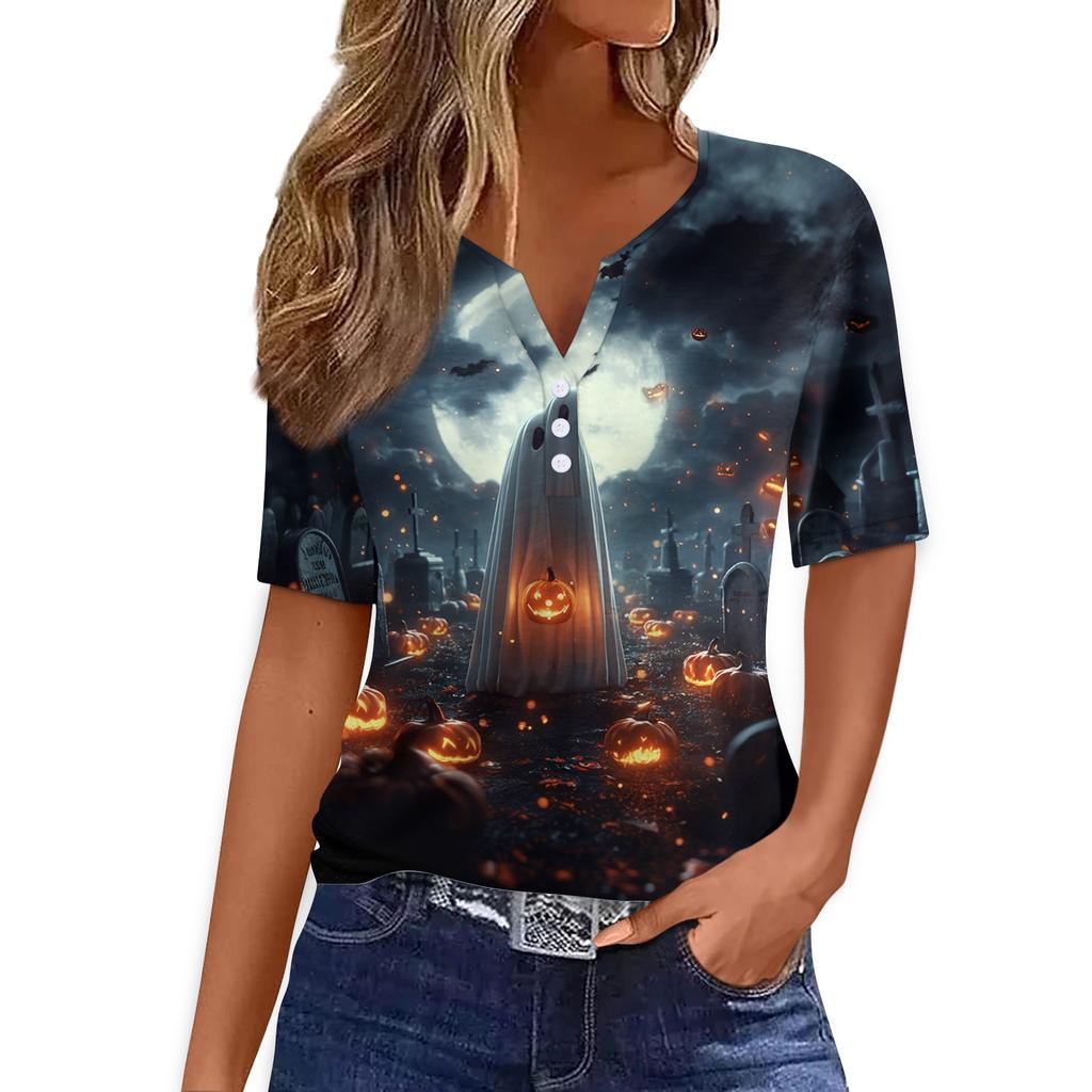 Women's Casual Halloween Print V Neck Short Sleeve Button Front T Shirt Top Lightweight Comfortable Fit for Everyday Wear