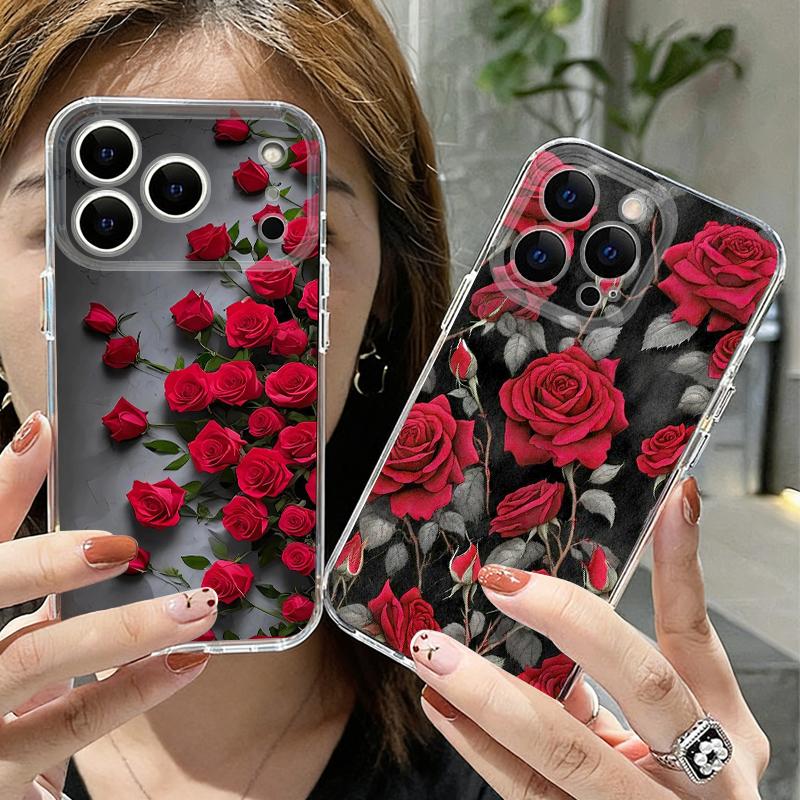 Scarlet Red Rose Flower Pattern Case For iPhone 17 Pro Max Coque iPhone 16 15 14 13 Pro Max 11 Clear TPU Silicone Soft Cover