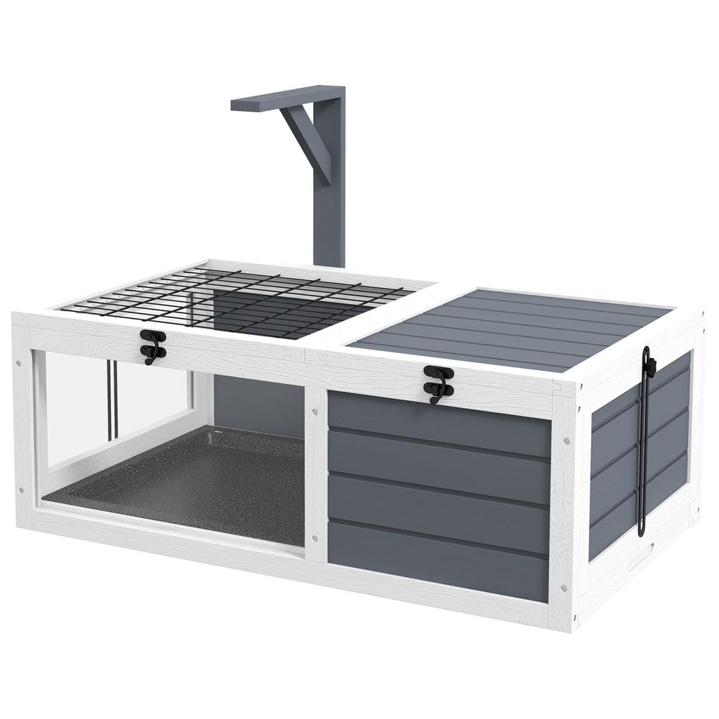 Tortoise Table with Wooden Lamp Holder, Wooden Tortoise House W/ Openable Lids, Pull-Out Trays - Grey