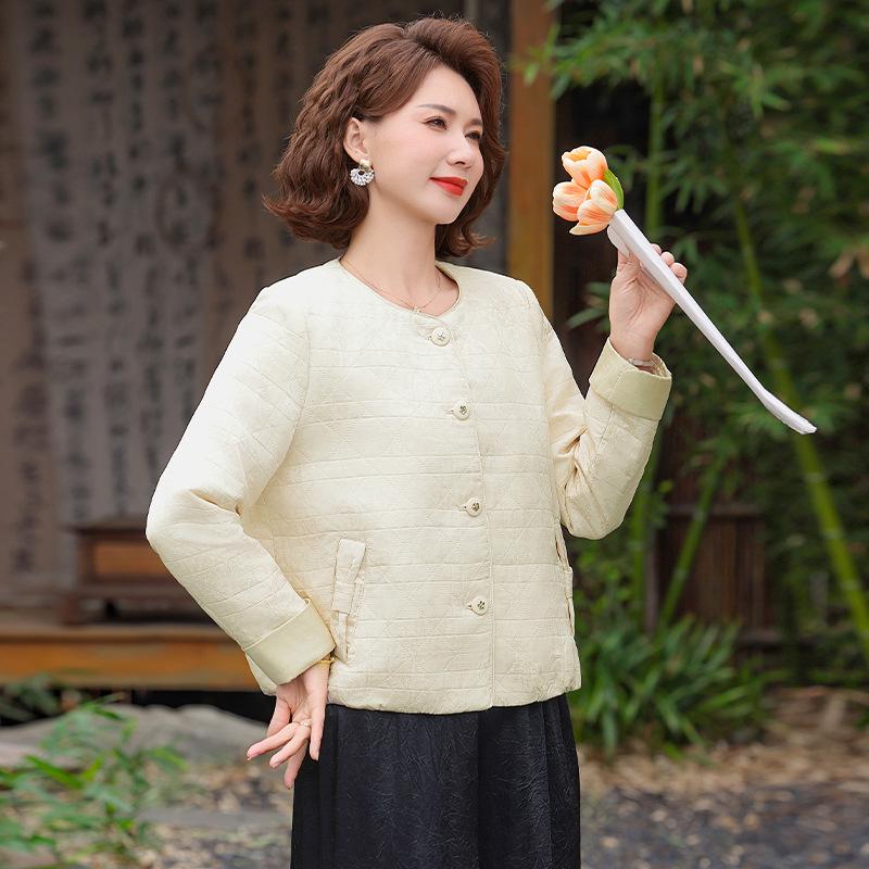 

Diamond Quilted Casual Spring Jacket for Middle-Aged Women - Round Neck 5XL (150-165 Jin) бежевий